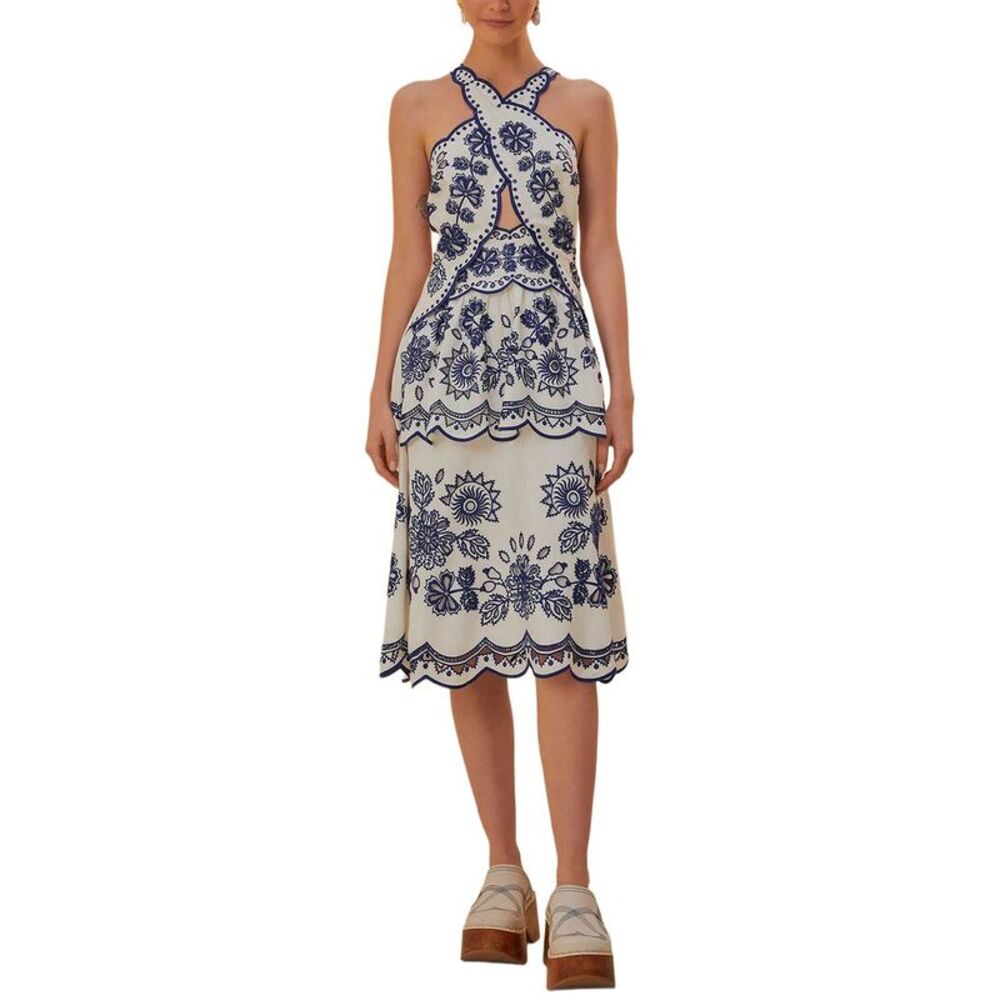Farm Rio Womens Linen-Blend Off-White Richelieu Sleeveless Cut Out Midi Dress